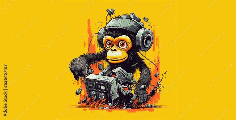 Robot monkey using banana guns Graphic tshirt design.Generative Ai