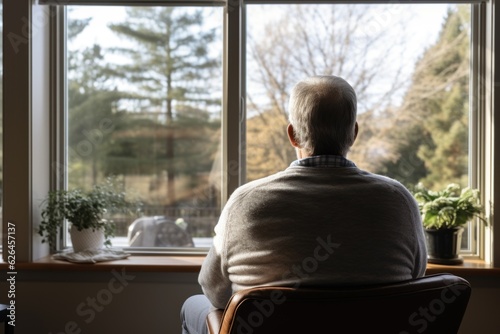old man sitting in an armchair and looking through the window Lonely old man sitting at home near window pandemic. Thoughtful retiree man abandoned at the nursing home.