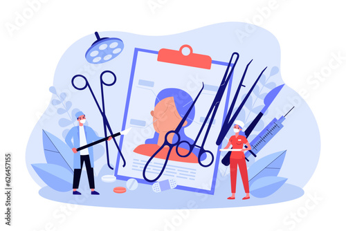 Tiny plastic surgeons and photo of client vector illustration. Cartoon drawing of doctors holding medical tools for operation. Plastic surgery, beauty, health, equipment, medicine concept