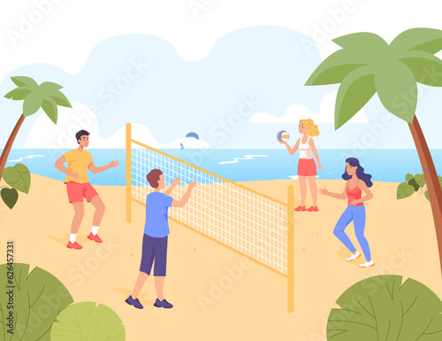 Happy friends playing beach volleyball vector illustration. Cartoon drawing of group of people playing ball game near sea or ocean. Summer, vacation, recreation, active lifestyle concept