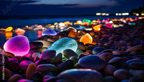 At dusk or dawn  beautiful and colorful light neon pebbles on the beach