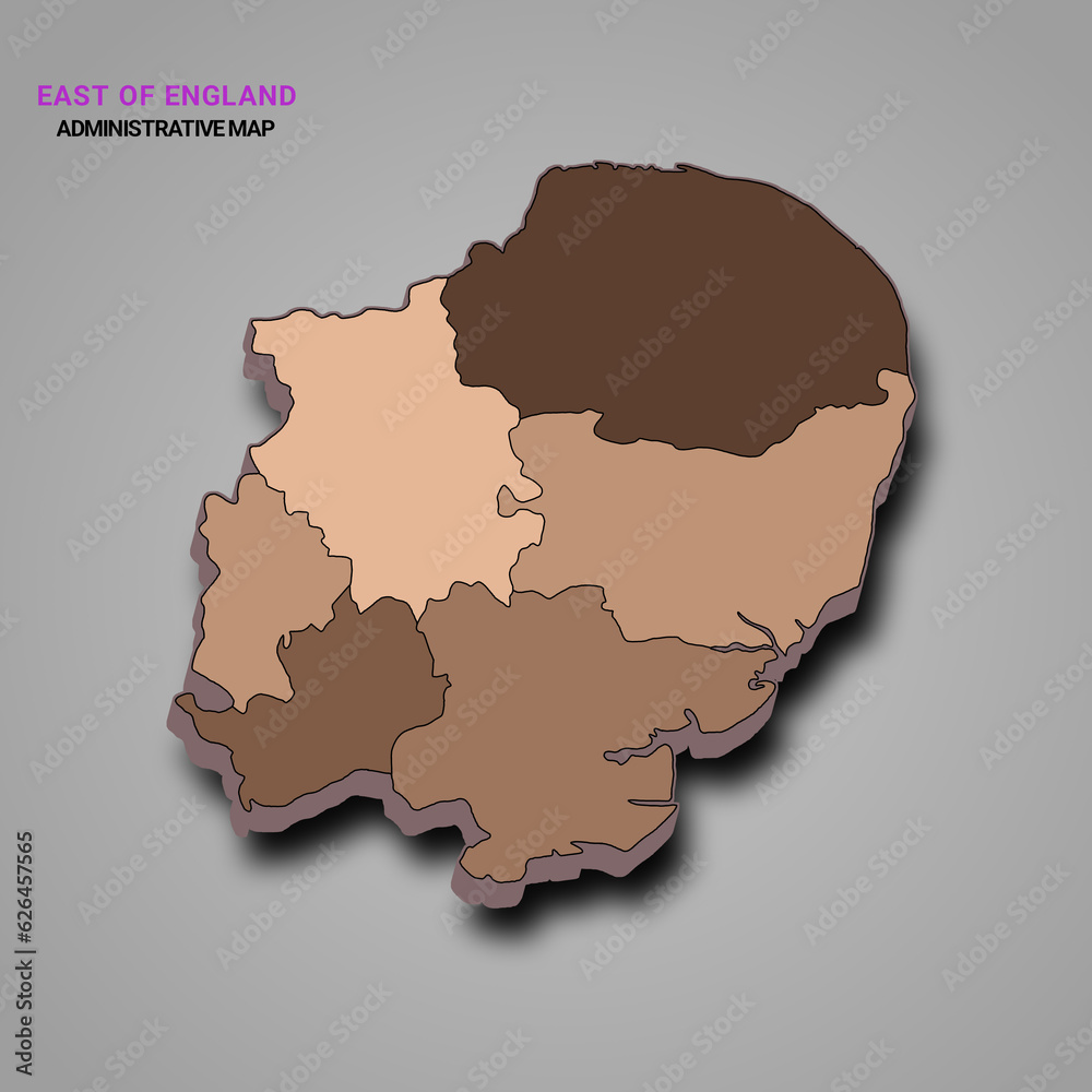 3d rendering High Quality outline map of East of England is a region of England, with borders of the ceremonial counties and different colour.