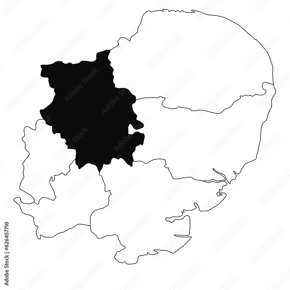 Map of Cambridgeshire in East of England province on white background. single County map highlighted by black colour on East of England administrative map.