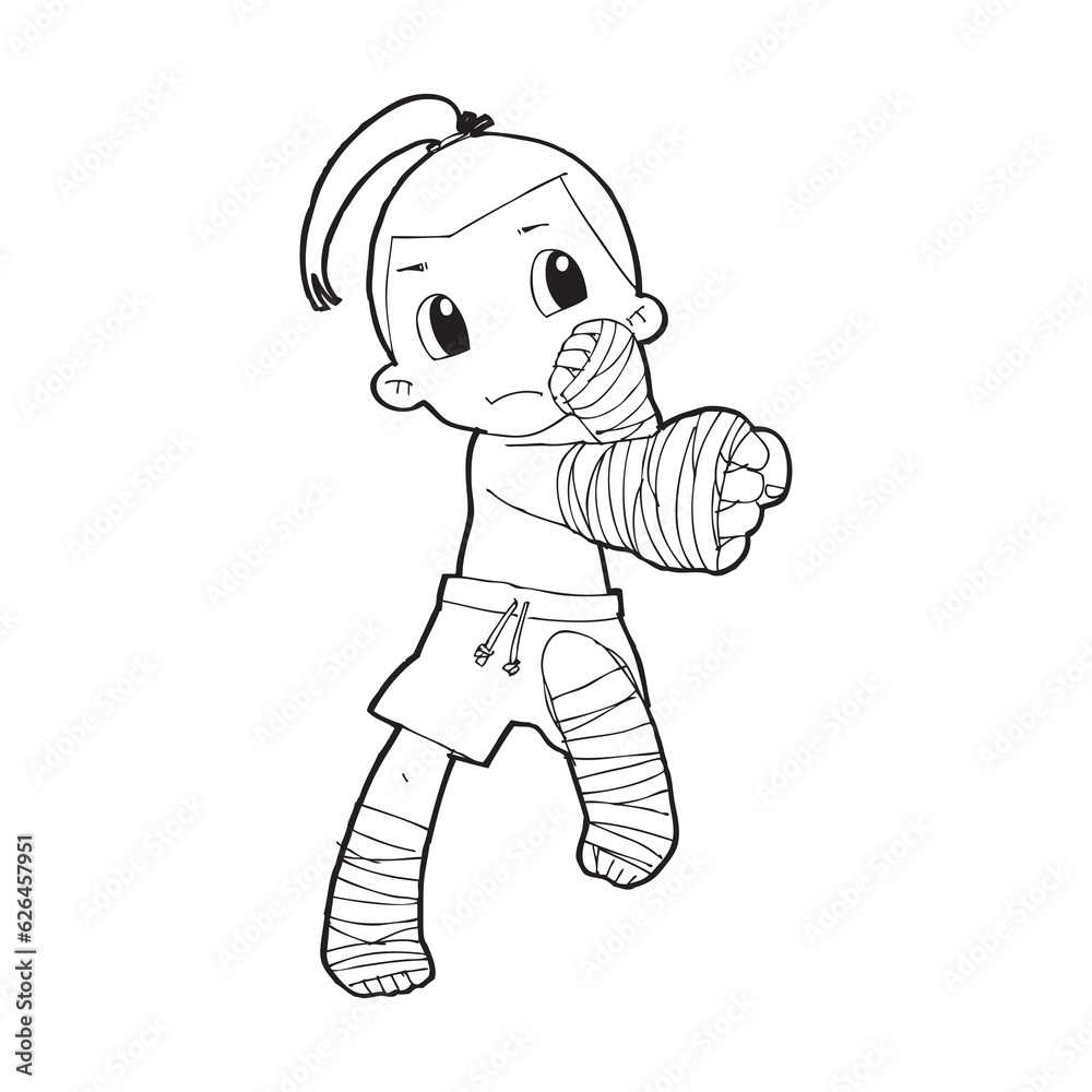 Muay Thai kick boxing, Thai boxing cute kid fighting action cartoon doodle vector illustration on white background Muay Thai kick boxing, Thai boxing cute kid fighting action cartoon doodle vector illustration on white background