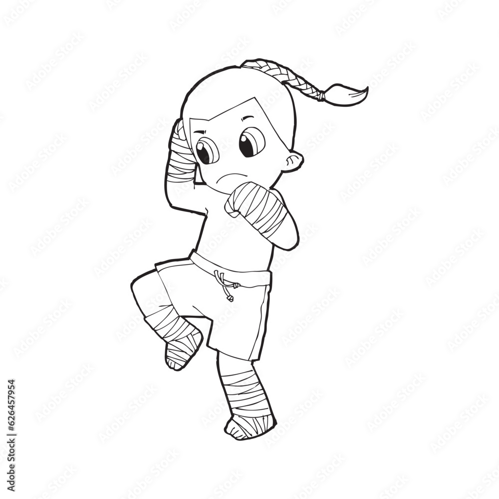 Muay Thai kick boxing, Thai boxing cute kid fighting action cartoon doodle vector illustration on white background 