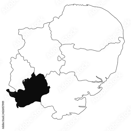 Map of Hertfordshire in East of England province on white background. single County map highlighted by black colour on East of England administrative map.