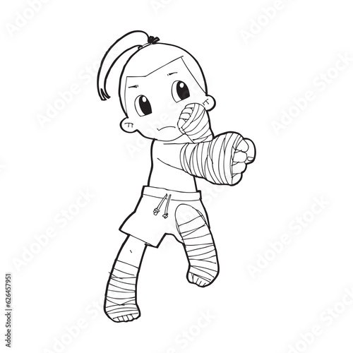 Muay Thai kick boxing, Thai boxing cute kid fighting action cartoon doodle vector illustration on white background 