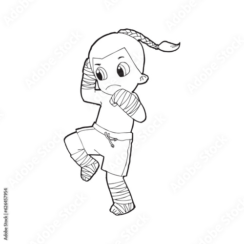 Muay Thai kick boxing, Thai boxing cute kid fighting action cartoon doodle vector illustration on white background 