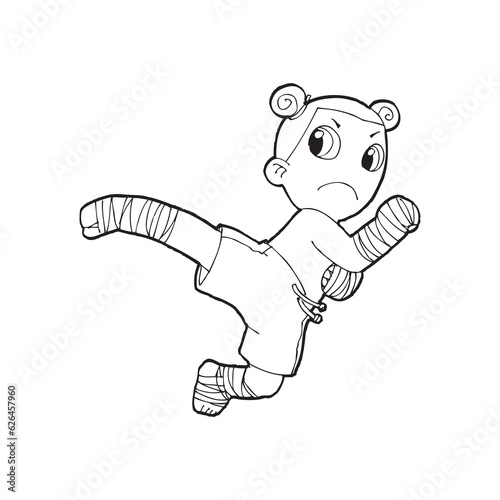 Muay Thai kick boxing, Thai boxing cute kid fighting action cartoon doodle vector illustration on white background 