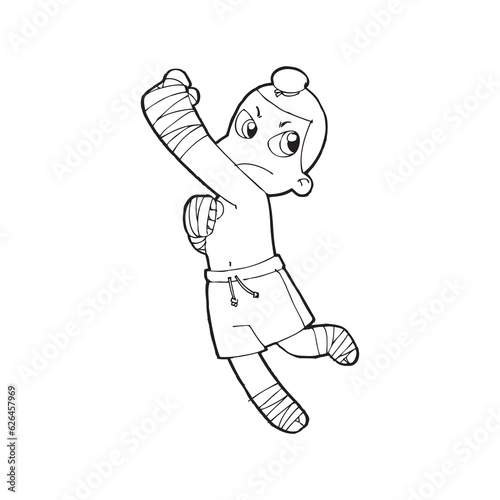 Muay Thai kick boxing, Thai boxing cute kid fighting action cartoon doodle vector illustration on white background 