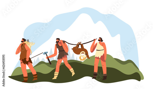 Hunting people of stone age walking with animals
