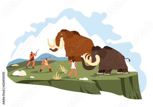 People hunting mammoth, survival and hunt vector