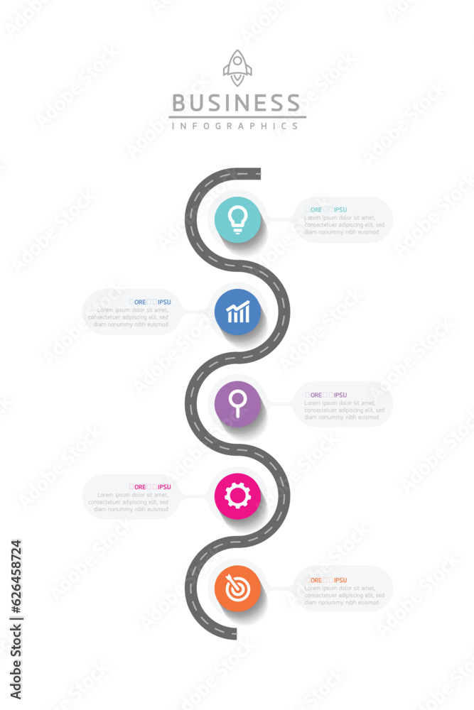 Vector infographic business presentation timeline template with circular interconnection with 5 options.