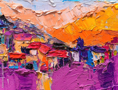an abstract painting of mountains and a small town,abstract watercolor background © Moon