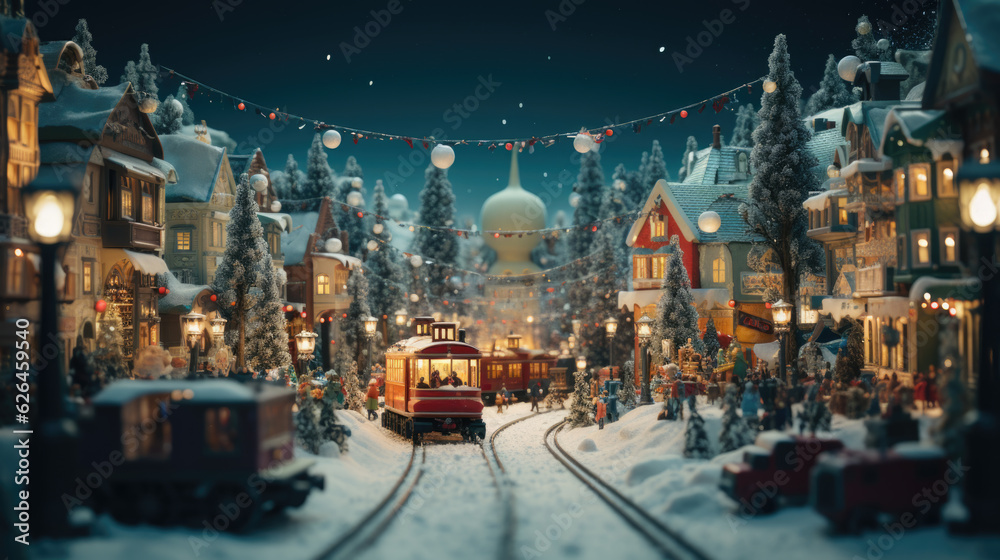 Naklejka premium Delightful Christmas Holiday Miniature Village, Whimsical Winter Wonderland and Snow-Covered Landscapes.