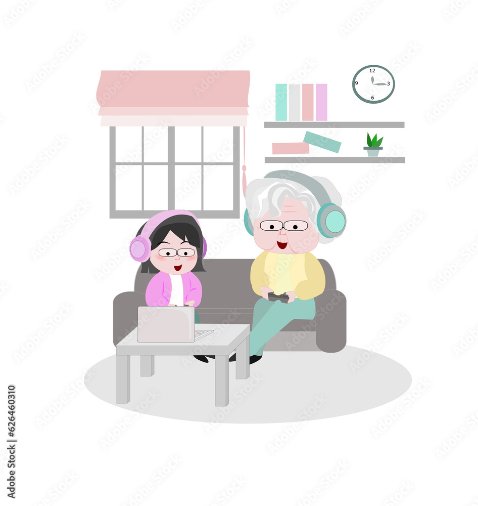 Grandma granddaughter enjoy videogames sit on couch at home.weekend activity with kids concept.aging society.elderly day. Grandma granddaughter enjoy videogames sit on couch at home.weekend activity with kids concept.aging society.elderly day.