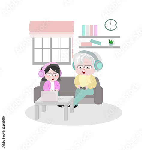 Grandma granddaughter enjoy videogames sit on couch at home.weekend activity with kids concept.aging society.elderly day.