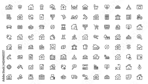 Real Estate minimal thin line web icon set. Included the icons as realty, property, home loan and more. Outline icons collection.
