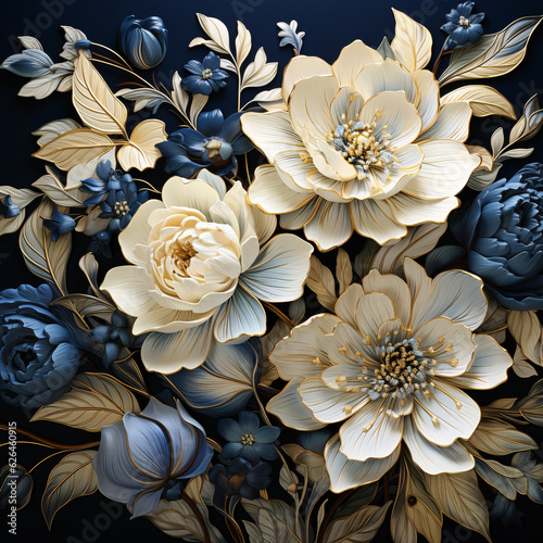 Victorian Fabric Art: High-Contrast Seamless Patterns with a Single Blue Flower © mehedihasan