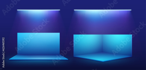 Blue wall mockup, showroom with LEDs on top. Blank stand front and side view.
