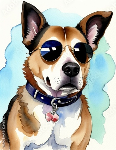 Dog with sunglass - Watercolor illustration © LuizDiego