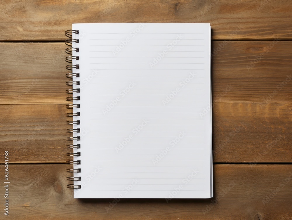 Top view of open spiral blank notebook on wood desk background. Generative Ai. Top view of open spiral blank notebook on wood desk background. Generative Ai.