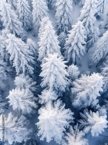 snow covered tree,snow covered trees,an aerial shot of many trees covered in snow in the style © Moon