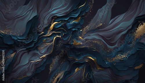 Luxury wallpaper, dark seamless texture, premium background. Alcohol ink 3d illustration. Hand-painted watercolor art. Black, deep blue colors. Trendy, Generative AI