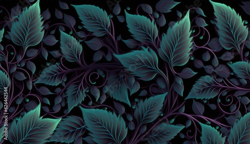 Neon ivy leaves, dark glamorous foliage. Seamless pattern design. Floral tropical 3d illustration. Hand-drawn watercolor. Stylish luxury background, wallpapers, cloth, paper, mural, fabric, Generative