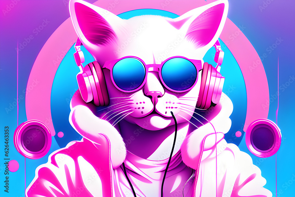 A cat wearing sunglasses and a white jacket listening to music. Pink, purple, blue background. Generative AI