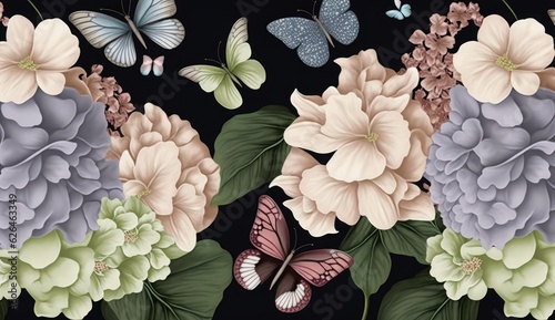 Hydrangea background, floral seamless pattern. Delicate garden flowers bouquets, gypsophila, butterflies. Watercolor 3d illustration. Tropical art, texture. Luxury wallpapers, cloth, mural, Generative