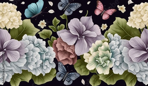 Hydrangea background, floral seamless pattern. Delicate garden flowers bouquets, gypsophila, butterflies. Watercolor 3d illustration. Tropical art, texture. Luxury wallpapers, cloth, mural, Generative