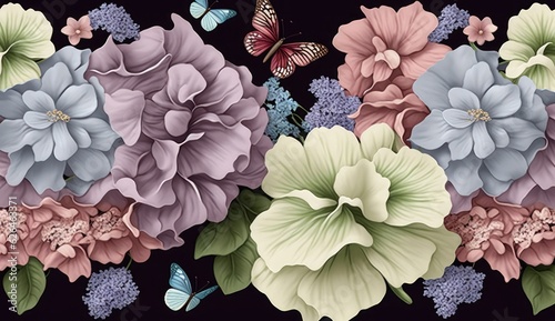 Hydrangea background, floral seamless pattern. Delicate garden flowers bouquets, gypsophila, butterflies. Watercolor 3d illustration. Tropical art, texture. Luxury wallpapers, cloth, mural, Generative