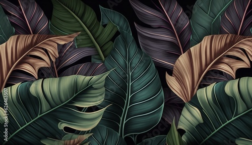 Wallpaper Mural Tropical exotic seamless pattern with dark color vintage banana leaves, palm and colocasia. Hand-drawn 3D illustration. Good for production wallpapers, gift paper, cloth, fabric printing, Generative A Torontodigital.ca