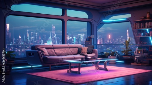 Futuristics cyberpunk pink blue and yellow modern living room background. Generative AI