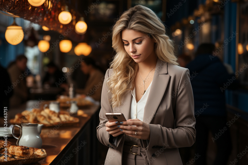 Blond  woman looking at her cell phone in a restaurant, in the style of moody lighting. Generative AI.