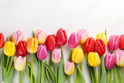 Colorful blooming tulips with flower stems and flower buds on white background. Generative AI.