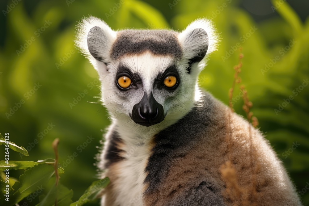 Fototapeta premium Portrait of a lemur against the background of green nature. Generative AI