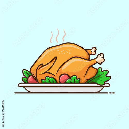 Roast turkey or chicken on plate, traditional holiday dinner vector clip art illustration. Simple cartoon style isolated drawing. photo