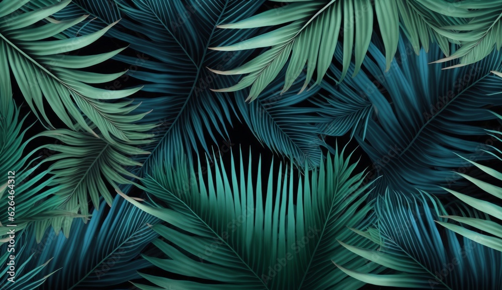 Tropical exotic seamless pattern with green blue color palm leaves. Hand-drawn vintage illustration, background and textured design. Good for production wallpapers, fabric printing, Generative AI