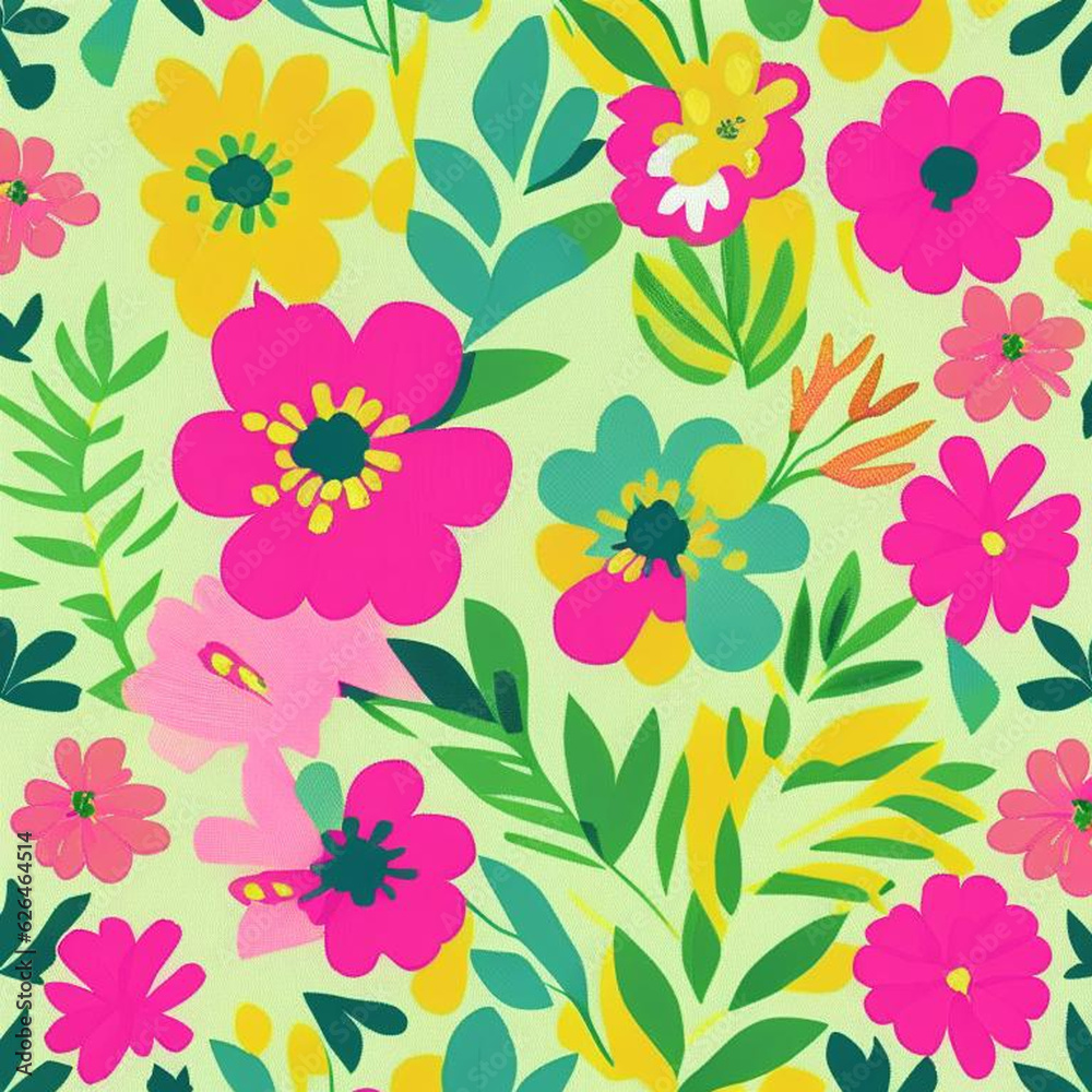 Green, yellow and pink watercolor flowers with stems and leaves. Watercolor art background.