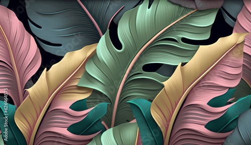 Tropical luxury exotic seamless pattern, pastel colorful banana leaves, palm. Hand-drawn vintage 3D illustration. Dark glamorous bright background design. Wallpapers, fabric printing, Generative AI
