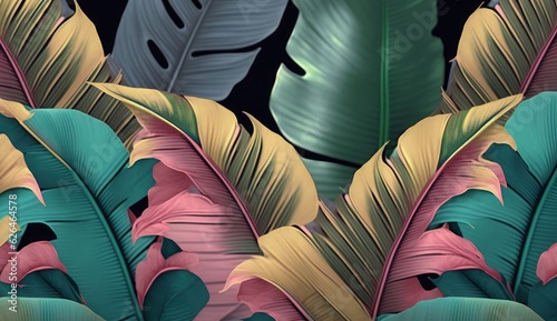Tropical luxury exotic seamless pattern, pastel colorful banana leaves, palm. Hand-drawn vintage 3D illustration. Dark glamorous bright background design. Wallpapers, fabric printing, Generative AI