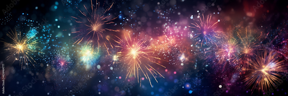 beautiful fireworks display banner at night with bokeh lights, festive background,