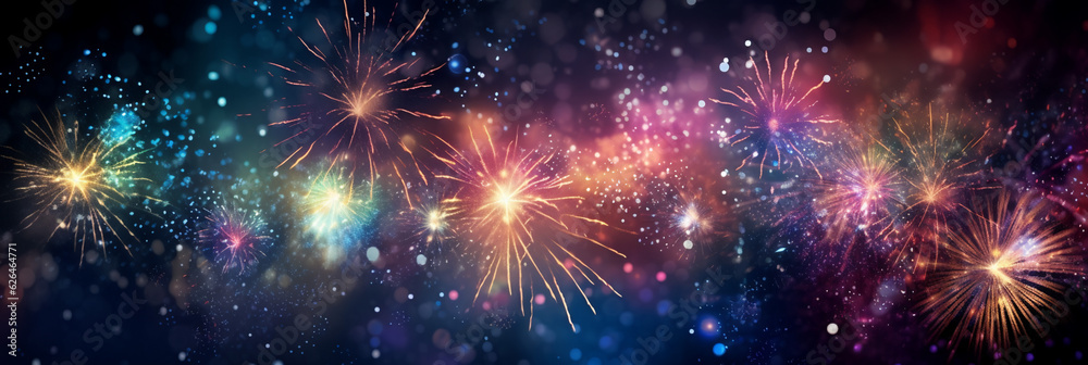 Fototapeta premium beautiful fireworks display banner at night with bokeh lights, festive background,