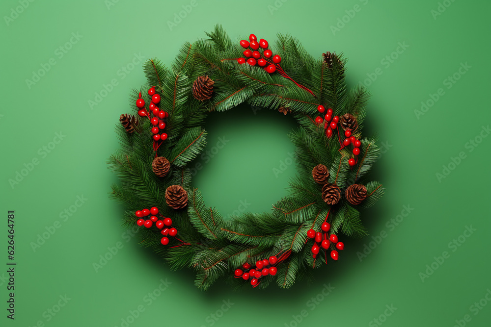 Stylish traditional Christmas wreath on a green background