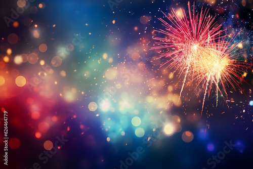 beautiful fireworks display at night with bokeh lights  festive background