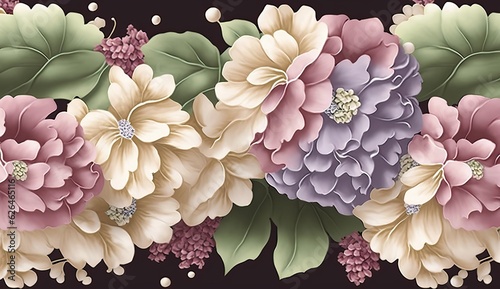 Luxury wallpaper, floral background, seamless pattern. Delicate romantic flowers, hydrangea, pink, beige, purple, white gypsophila, green leaves. Watercolor 3d illustration, texture. Generative AI