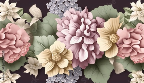 Luxury wallpaper, floral background, seamless pattern. Delicate romantic flowers, hydrangea, pink, beige, purple, white gypsophila, green leaves. Watercolor 3d illustration, texture. Generative AI