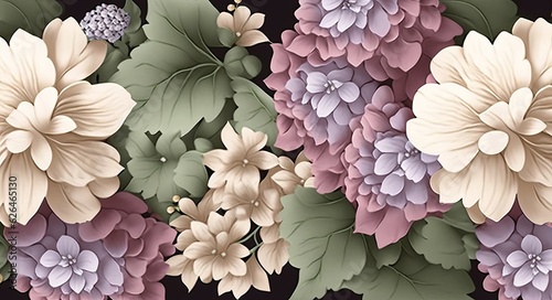Luxury wallpaper, floral background, seamless pattern. Delicate romantic flowers, hydrangea, pink, beige, purple, white gypsophila, green leaves. Watercolor 3d illustration, texture. Generative AI